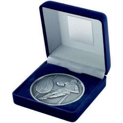 Picture of Blue Velvet Box And 70mm Medallion Rugby Trophy Antique Silver