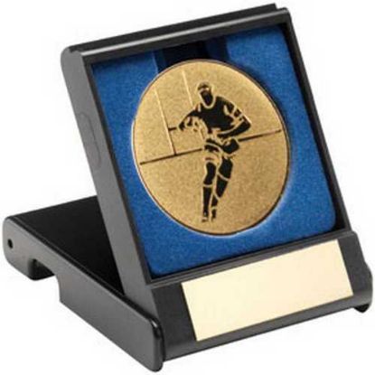Picture of Black Plastic Box With Rugby Insert Trophy Gold
