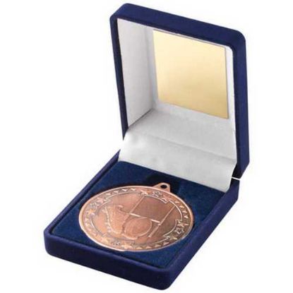 Picture of Blue Velvet Box And 50mm Medal Rugby Trophy Bronze
