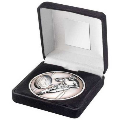 Picture of Black Velvet Box And 70mm Medallion Rugby Trophy Antique Silver