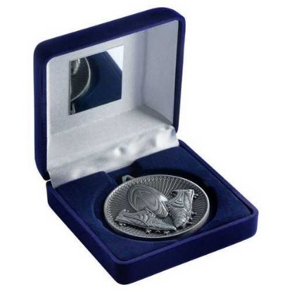Picture of Blue Velvet Box And 60mm Medal Rugby Trophy Antique Silver