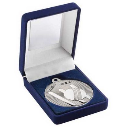 Picture of Blue Velvet Box And 50mm Cricket Medal Trophy Matt Silver~silver