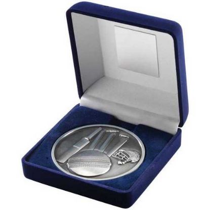 Picture of Blue Velvet Box And 70mm Medallion Cricket Trophy Antique Silver