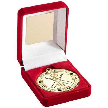 Picture of Red Velvet Box And 50mm Medal Cricket Trophy Gold
