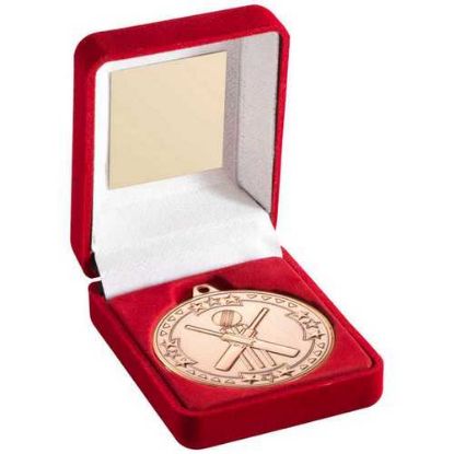 Picture of Red Velvet Box And 50mm Medal Cricket Trophy Bronze