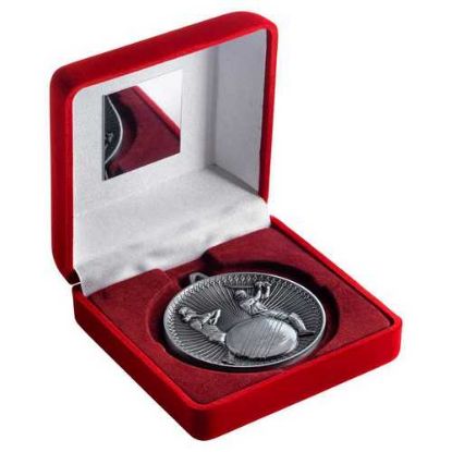 Picture of Red Velvet Box And 60mm Medal Cricket Trophy Antique Silver