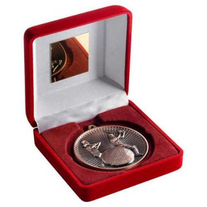 Picture of Red Velvet Box And 60mm Medal Cricket Trophy Bronze