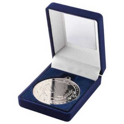 Picture of Blue Velvet Box And 50mm Medal Motor Sport Trophy Silver