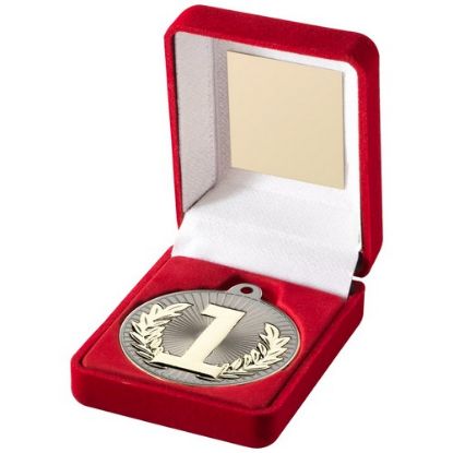 Picture of Red Velvet Box And 50mm Medal Trophy Matt Silver~gold 1st