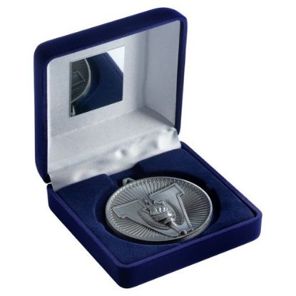 Picture of Blue Velvet Box And 60mm Medal Victory Torch Trophy Antique Silver