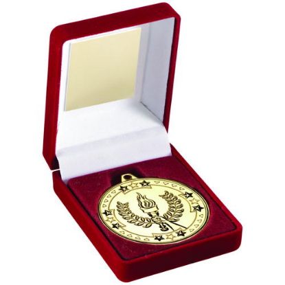 Picture of Red Velvet Box And 50mm Medal Victory Torch Trophy Gold