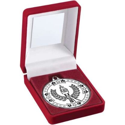 Picture of Red Velvet Box And 50mm Medal Victory Torch Trophy Silver