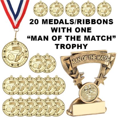 Picture of Pack Of 20 Football Medals R~w~b Ribbons & One Motm Trophy