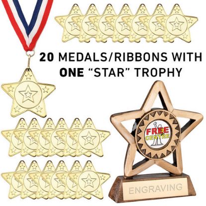 Picture of Pack Of 20 Star Medals R~w~b Ribbons & One Star Trophy (1in Cen)