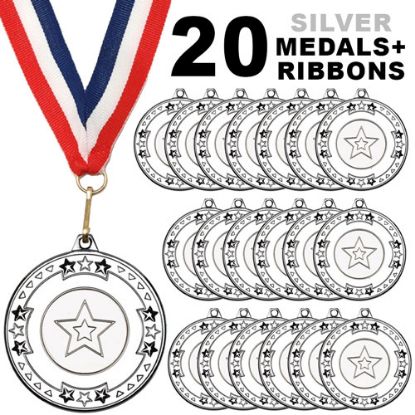 Picture of Pack Of 20 Tri Star Silver Medals & R~w~b Ribbons (1in Centre)