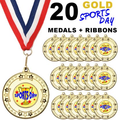 Picture of Pack Of 20 Tri Star Sports Day Gold Medals & R~w~b Ribbons