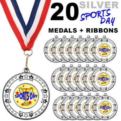 Picture of Pack Of 20 Tri Star Sports Day Silver Medals & R~w~b Ribbons