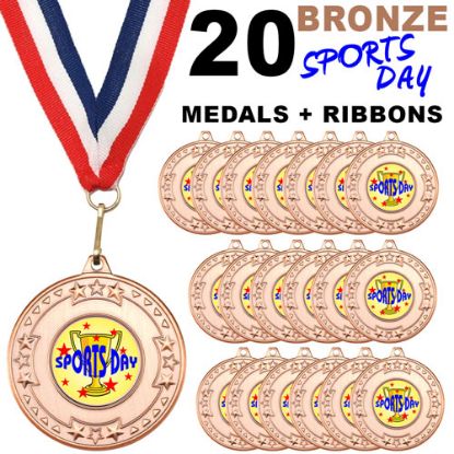 Picture of Pack Of 20 Tri Star Sports Day Bronze Medals & R~w~b Ribbons