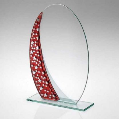 Picture of Jade Glass Oval Plaque With Red|silver Star Design (4mm Thick) - 7.25in