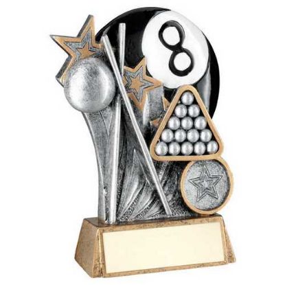 Picture of Pew|gold|blk|white Pool Ball With Tri And Cues On Brz Base (1in Cen) - 7.25"