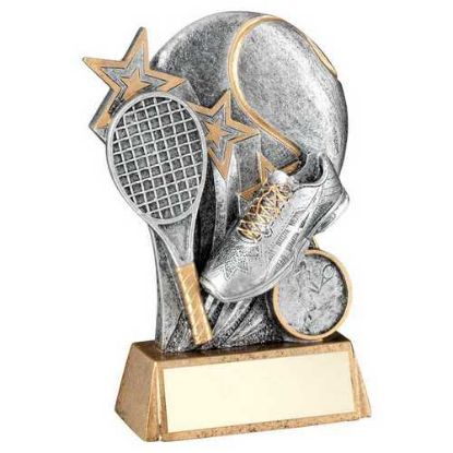Picture of Pew|gold Tennis Ball With Shoe And Racket On Brz Base (1in Cen) - 6.25in
