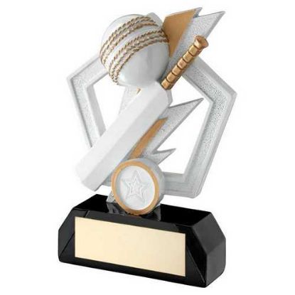 Picture of White|gold|black Cricket Bat And Ball On Flash Pentagon (1in Centre) - 5.25in