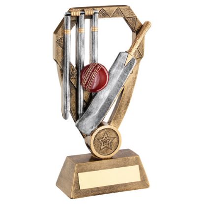 Picture of Xxx Brz|Pew|Gold Cricket Bat With Ball And Stumps On Diamond (1in Centre) - 8in