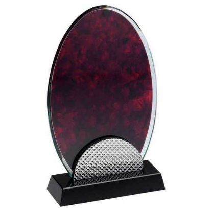 Picture of Red Marble Backed Clear Glass Oval With Silver Detail And Black Base